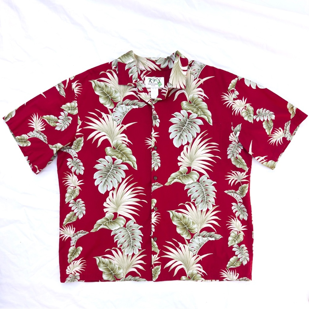 Ky’s Red Tropical Palm Leaves Short Sleeve Button Front Hawaiian Aloha Shirt